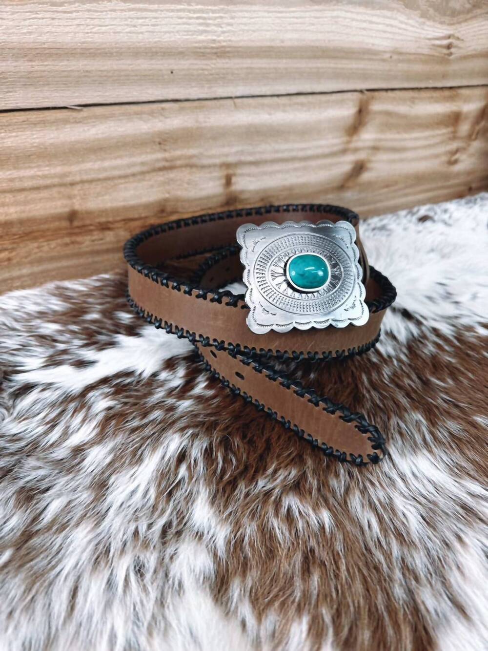 NEW HOOEY women's turquoise leather belt in tan